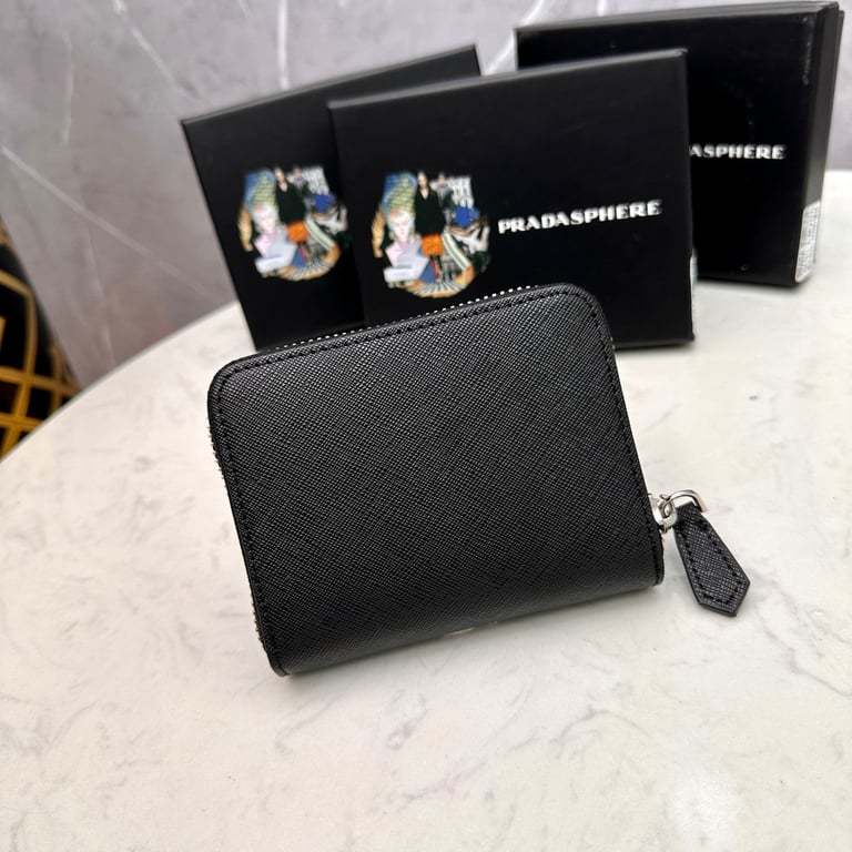 PR SMALL SAFFIANO LEATHER WALLET BLACK AND SILVER 10CM 1ML036 QHH F0002