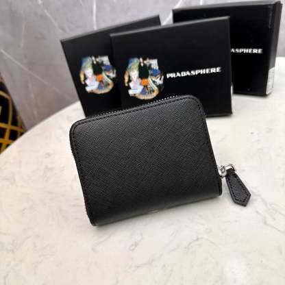 PR SMALL SAFFIANO LEATHER WALLET BLACK AND SILVER 10CM 1ML036 QHH F0002