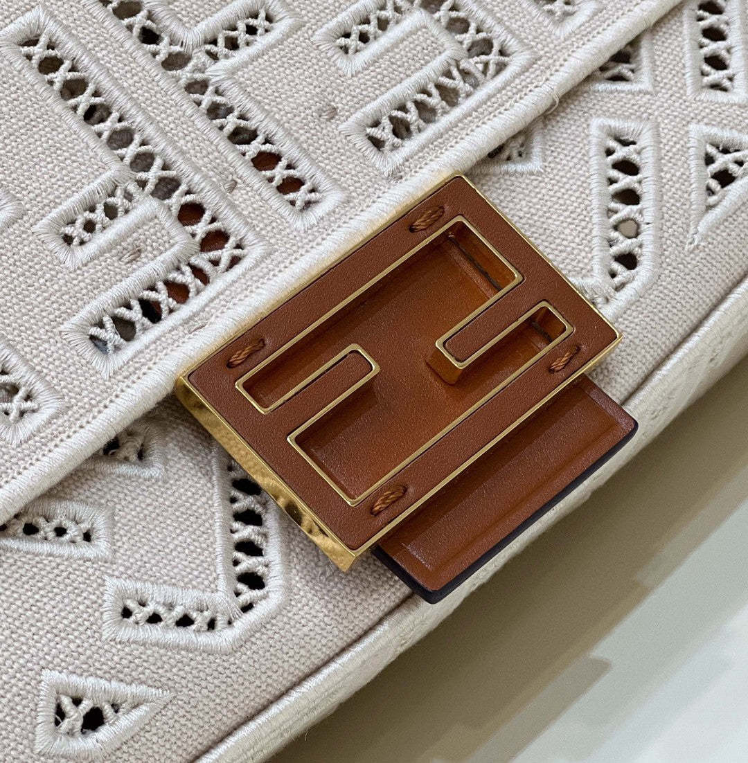 FI Baguette White with Embroidery Medium Bag For Woman 28cm/11in