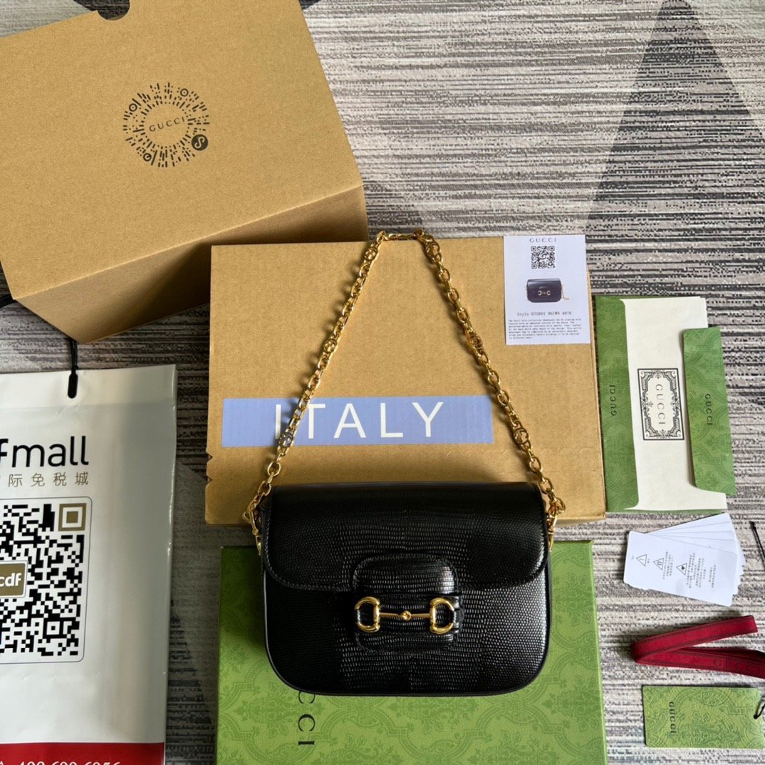 gg Horsebit 1955 Lizard Mini Bag Black For Women, Women&#8217;s Bags 8in/20cm gg