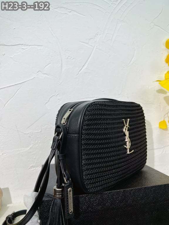 SAINT LAURENT LOU CAMERA BAG IN RAFFIA AND SMOOTH LEATHER BLACK 24CM