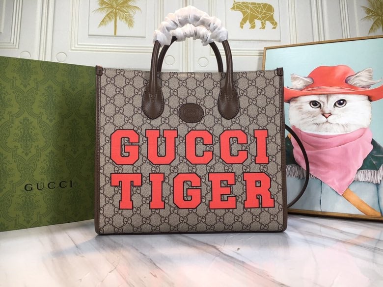 GG TIGER MEDIUM TOTE BAG WITH INTERLOCKING G 31CM DARK BROWN