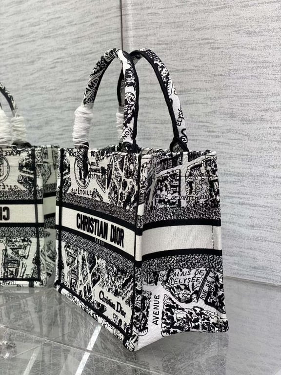 DIR MEDIUM BOOK TOTE WHITE AND BLACK PLAN DE PARIS EMBROIDERY 36CM