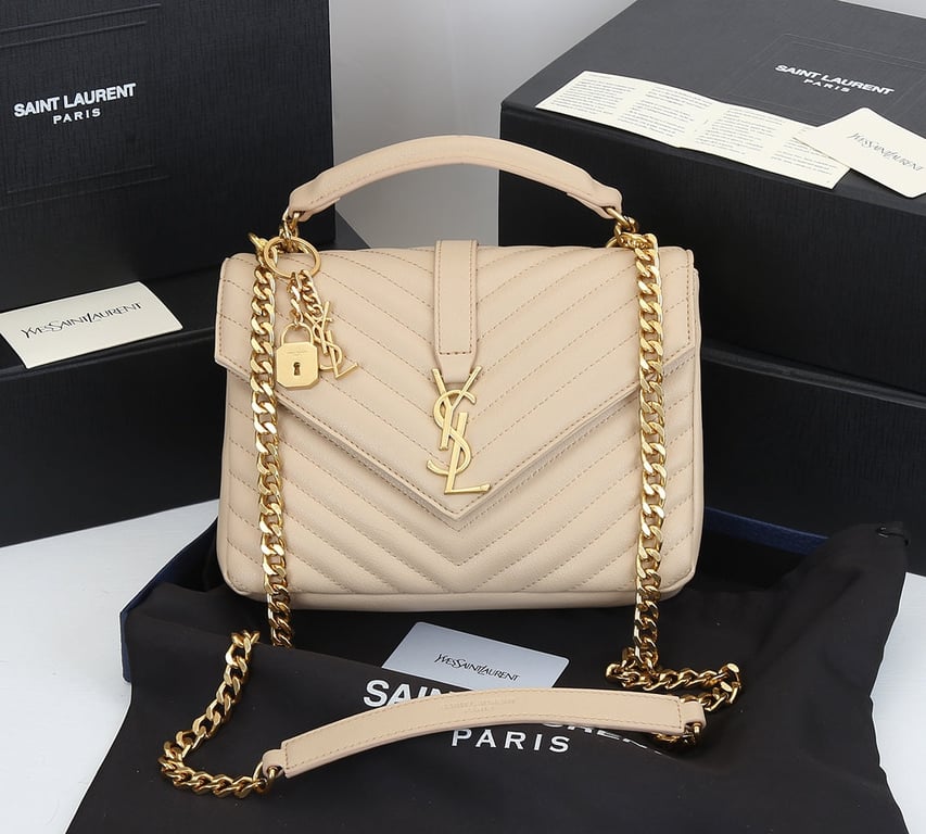 SAINT LAURENT COLLEGE MEDIUM CHAIN BAG IN QUILTED LEATHER BEIGE 24CM