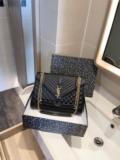 YSL ENVELOPE LARGE BAG IN MIX MATELASSÉ GRAIN DE POUDRE EMBOSSED BLACK GOLD 31CM 600166BOW911000