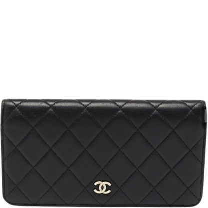 CHL BLACK QUILTED LAMBSKIN CLASSIC LONG FLAP WITH SILVER HARDWARE WALLET 19.5CM