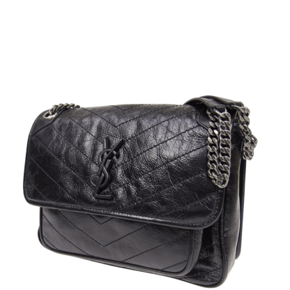 SAINT LAURENT NIKI BABY CHAIN BAG IN CRINKLED VINTAGE BLACK NOIR 21CM 6331600EN041000