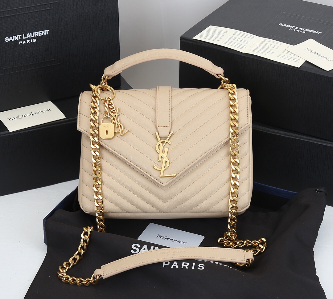 YSL COLLÈGE MEDIUM CHAIN BAG IN QUILTED LEATHER BEIGE 24CM 600279BRM072721