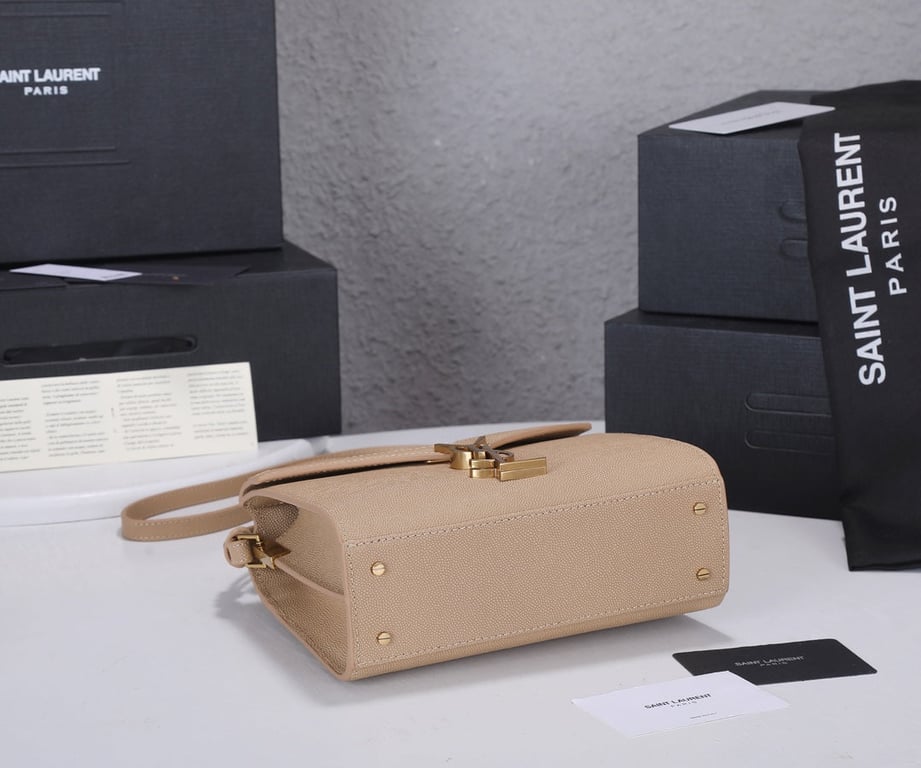 SAINT LAURENT CASSANDRA MINI TOP HANDLE BAG IN GRAIN DE POUDRE EMBOSSED DARK BEIGE 20CM