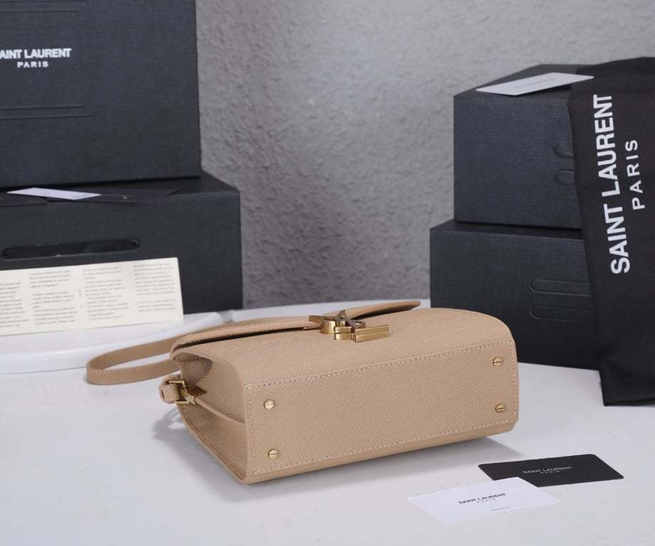 SAINT LAURENT CASSANDRA MINI TOP HANDLE BAG IN GRAIN DE POUDRE EMBOSSED DARK BEIGE 20CM