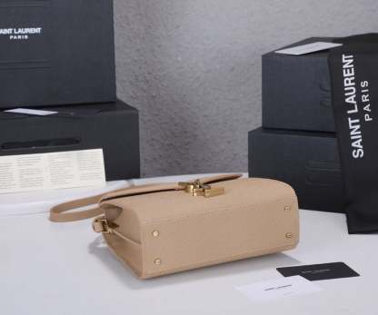 SAINT LAURENT CASSANDRA MINI TOP HANDLE BAG IN GRAIN DE POUDRE EMBOSSED DARK BEIGE 20CM