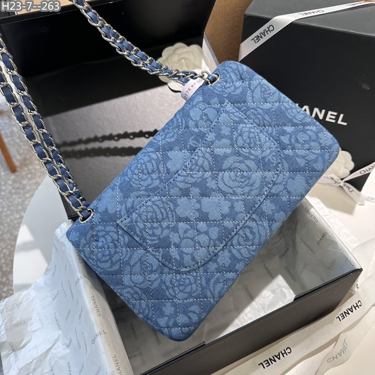 CHL DOUBLE FLAP BAG FLOWER DENIM BLUE 25CM