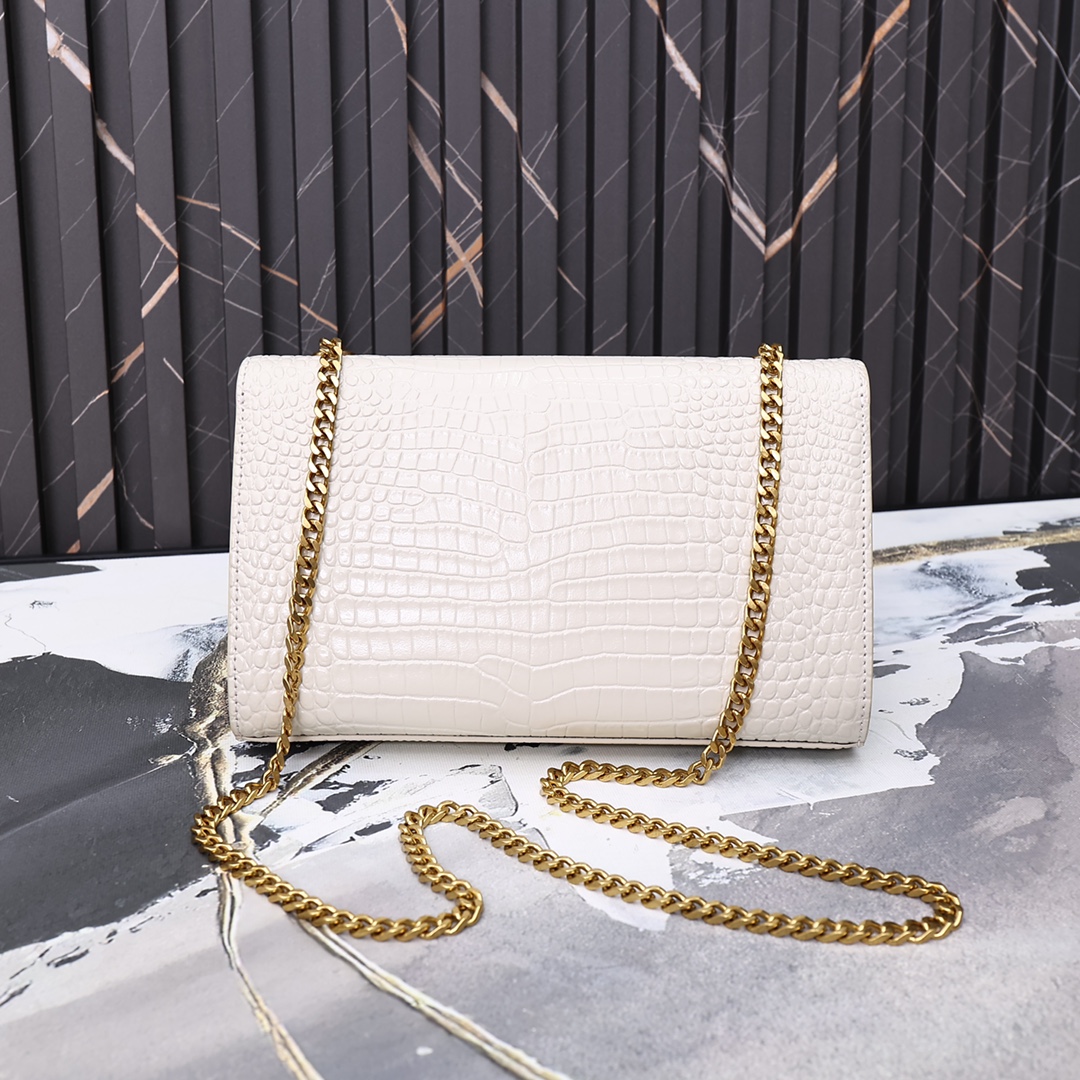 YSL KATE MEDIUM CHAIN BAG WITH TASSEL IN CROCODILE-EMBOSSED SHINY WHITE 354119DND0J9207