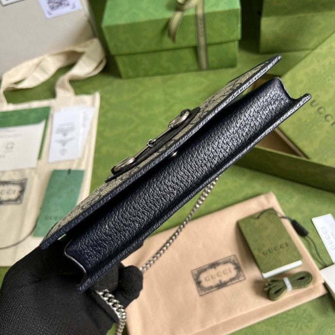 gg Horsebit 1955 Wallet With Chain Beige And Blue For Women 7.5in/19cm gg