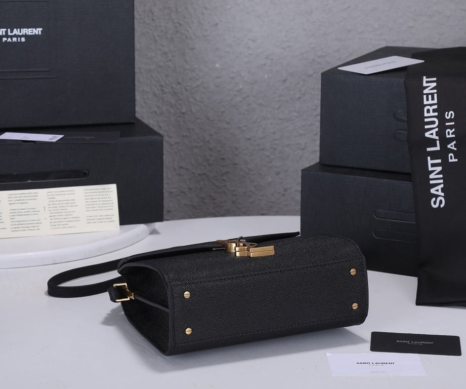 SAINT LAURENT CASSANDRA MINI TOP HANDLE BAG IN GRAIN DE POUDRE EMBOSSED BLACK GOLD 20CM