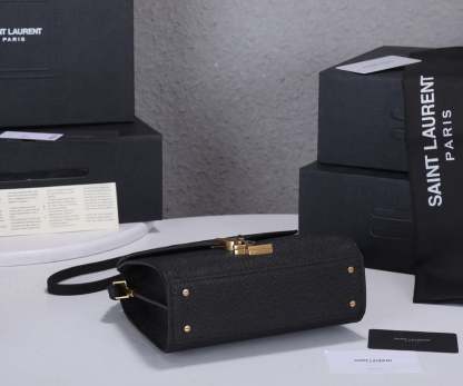 SAINT LAURENT CASSANDRA MINI TOP HANDLE BAG IN GRAIN DE POUDRE EMBOSSED BLACK GOLD 20CM