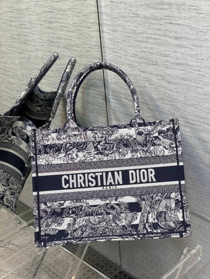 DOR MEDIUM BOOK TOTE NAVY BLUE TOILE DE JOUY STRIPES EMBROIDERY 36CM M1296ZRLP M928