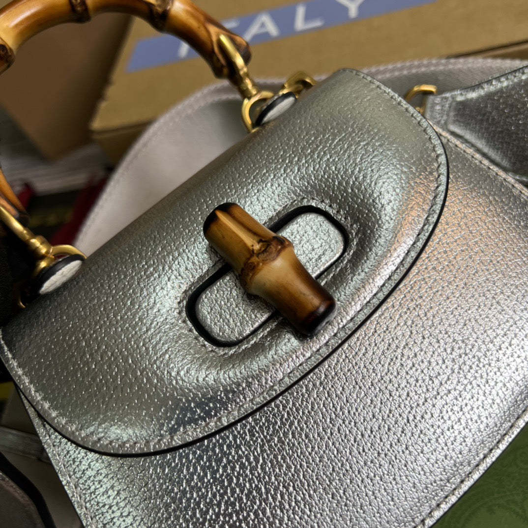 gg Bamboo 1947 Mini Top Handle Bag Silver For Women, Women’s Bags 6.7in/17cm gg