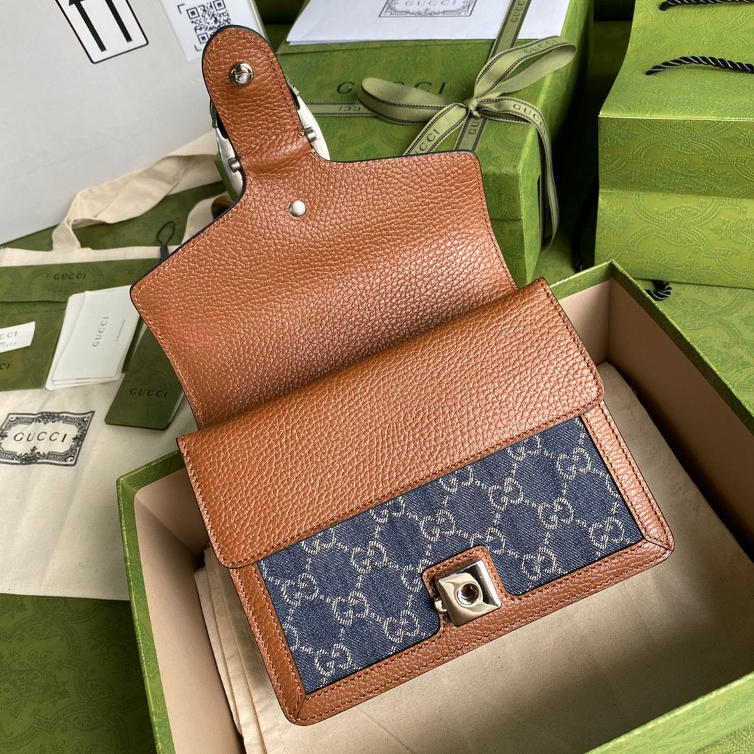 gg Dionysus Mini Bag Dark Blue And Ivory Eco Washed Organic gg Jacquard Denim Brown For Women 7.5in/19cm gg 421970 2KQFN 4483