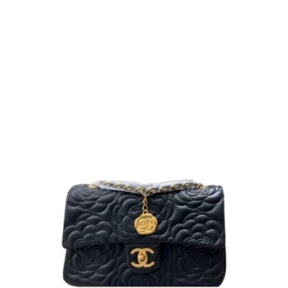CHL FLAP BAG WITH CAMELLIA FLOWER CHAIN BLACK 26CM
