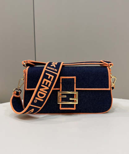 FI Baguette Blue Denim Orange Border Bag For Woman 26cm/10in