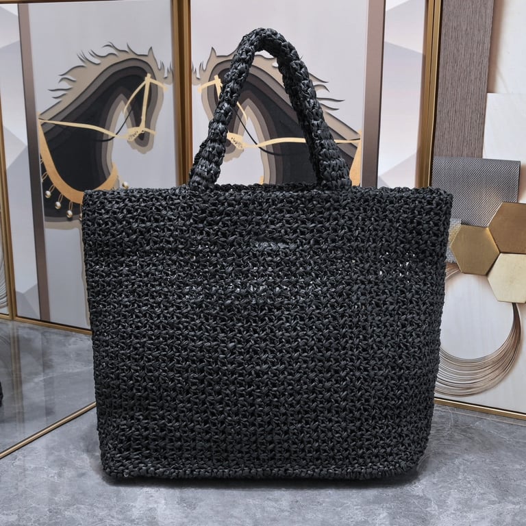 SAINT LAURENT BLACK TOTE RIVE GAUCHE RAFFIA CROCHET