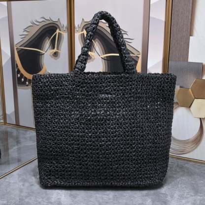 SAINT LAURENT BLACK TOTE RIVE GAUCHE RAFFIA CROCHET