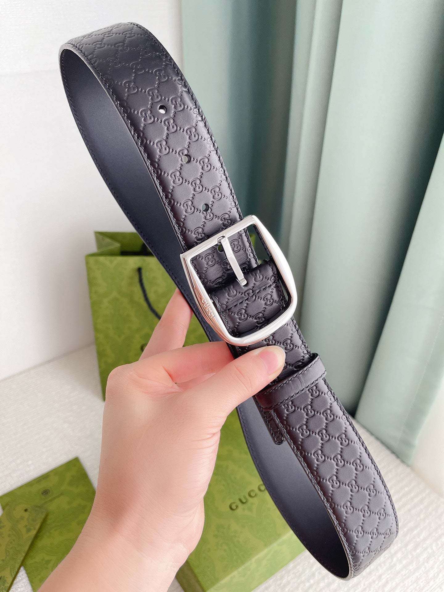 GG CALFSKIN MONOGRAM BLACK BELT SILVER METAL 4CM