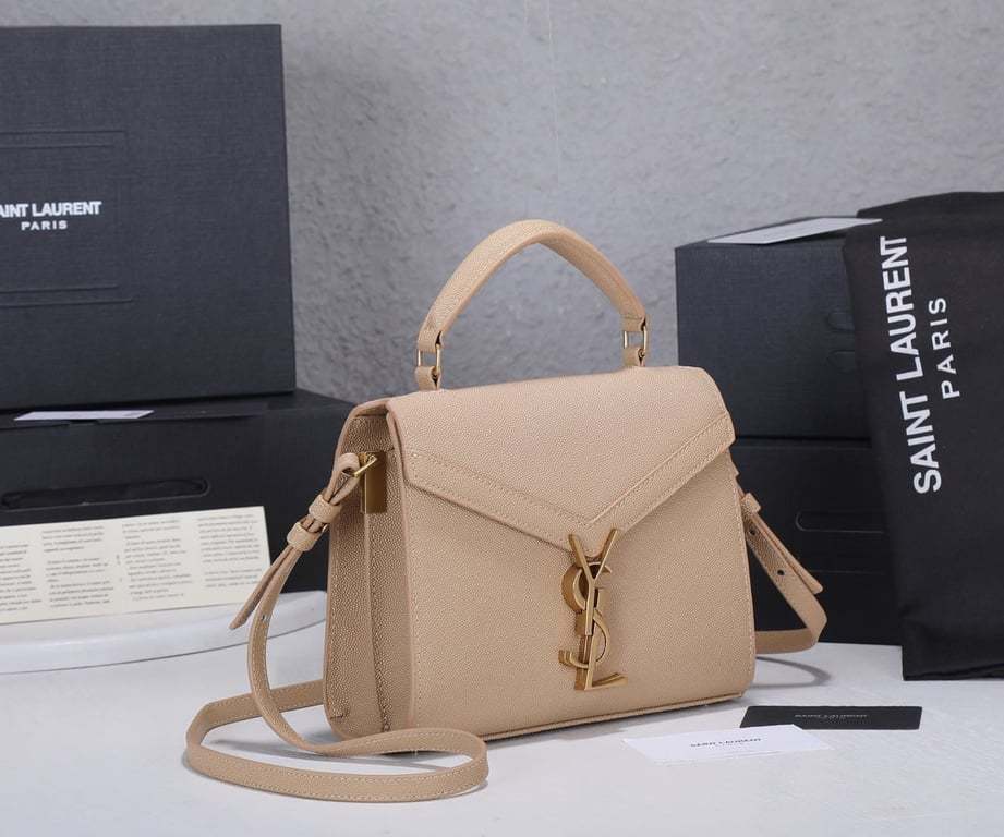 SAINT LAURENT CASSANDRA MINI TOP HANDLE BAG IN GRAIN DE POUDRE EMBOSSED DARK BEIGE 20CM