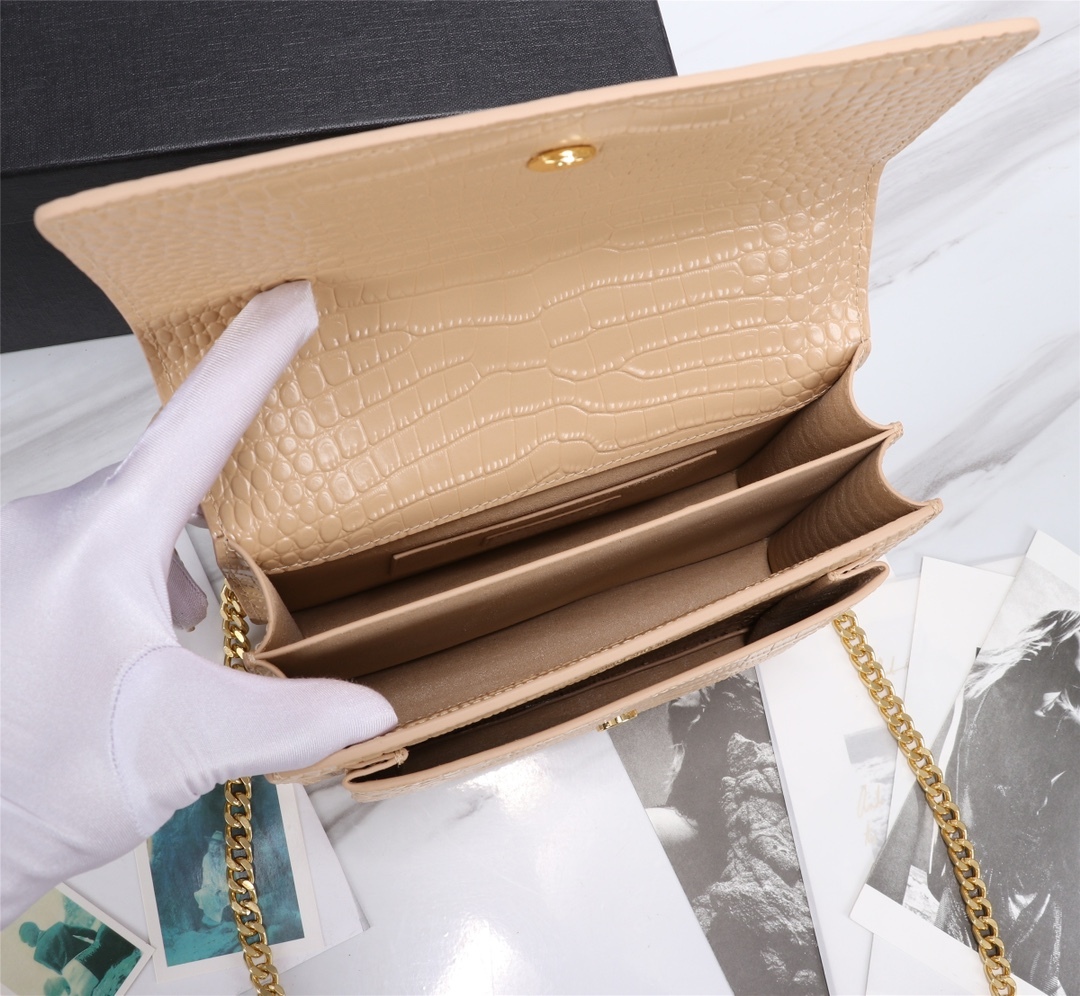 YSL SUNSET MEDIUM CHAIN BAG IN CROCODILE EMBOSSED SHINY APRICOT 22CM 442906DND0N9207