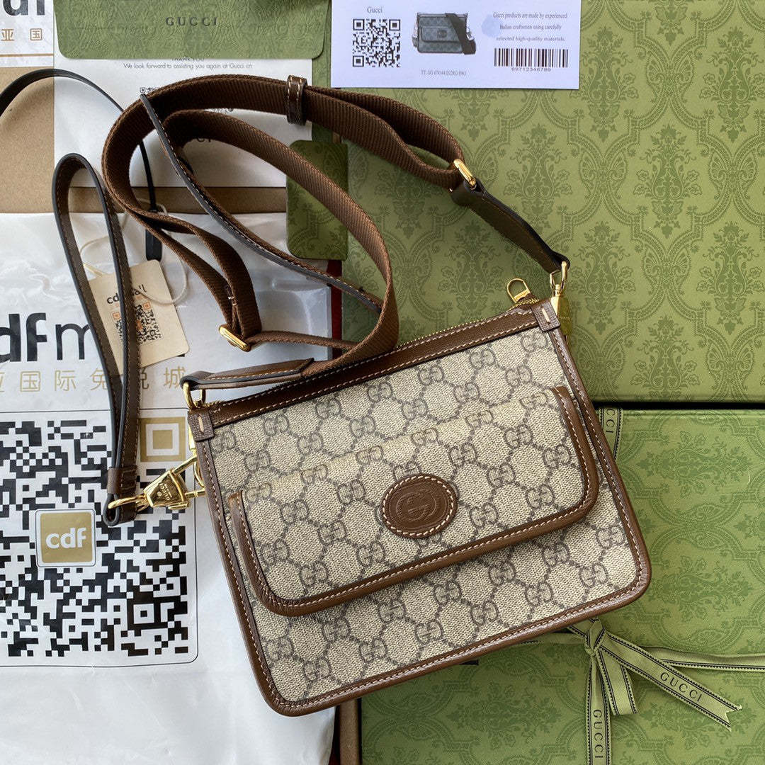 gg Messenger Bag With Interlocking G Beige/Ebony gg Supreme Canvas For Men 8.3in/21cm gg