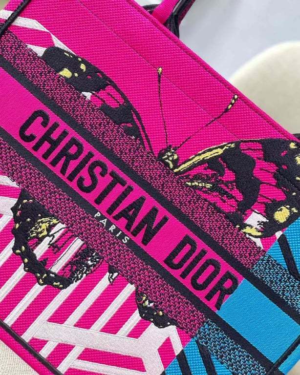 DIR MEDIUM BOOK TOTE BRIGHT BLUE AND BRIGHT PINK D-JUNGLE POP EMBROIDERY 36CM