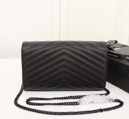 SAINT LAURENT CASSANDRE MATELASSE CHAIN WALLET IN GRAIN DE POUDRE EMBOSSED BLACK NOIR 22CM