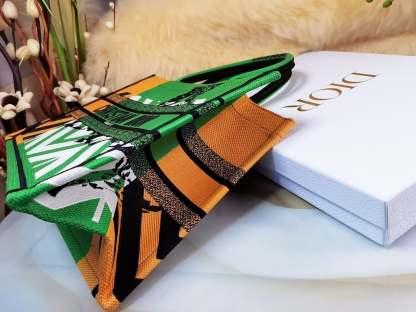 DIR MEDIUM BOOK TOTE BRIGHT GREEN AND BRIGHT YELLOW D-JUNGLE POP EMBROIDERY 36CM