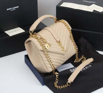 SAINT LAURENT COLLEGE MEDIUM CHAIN BAG IN QUILTED LEATHER BEIGE 24CM