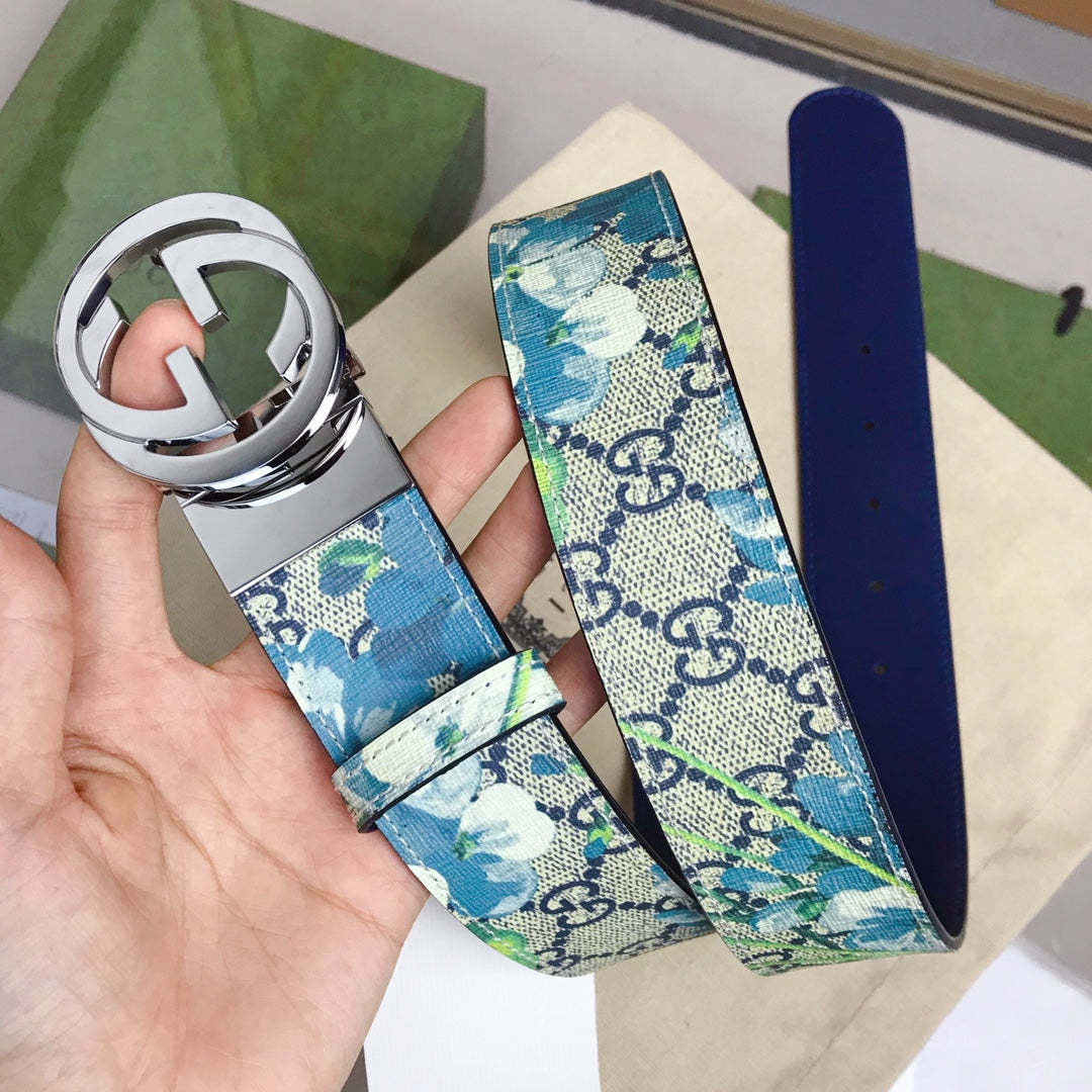 GG'S SILVER BUCKLE BLUE SAKORA FLOWER BELT 4CM