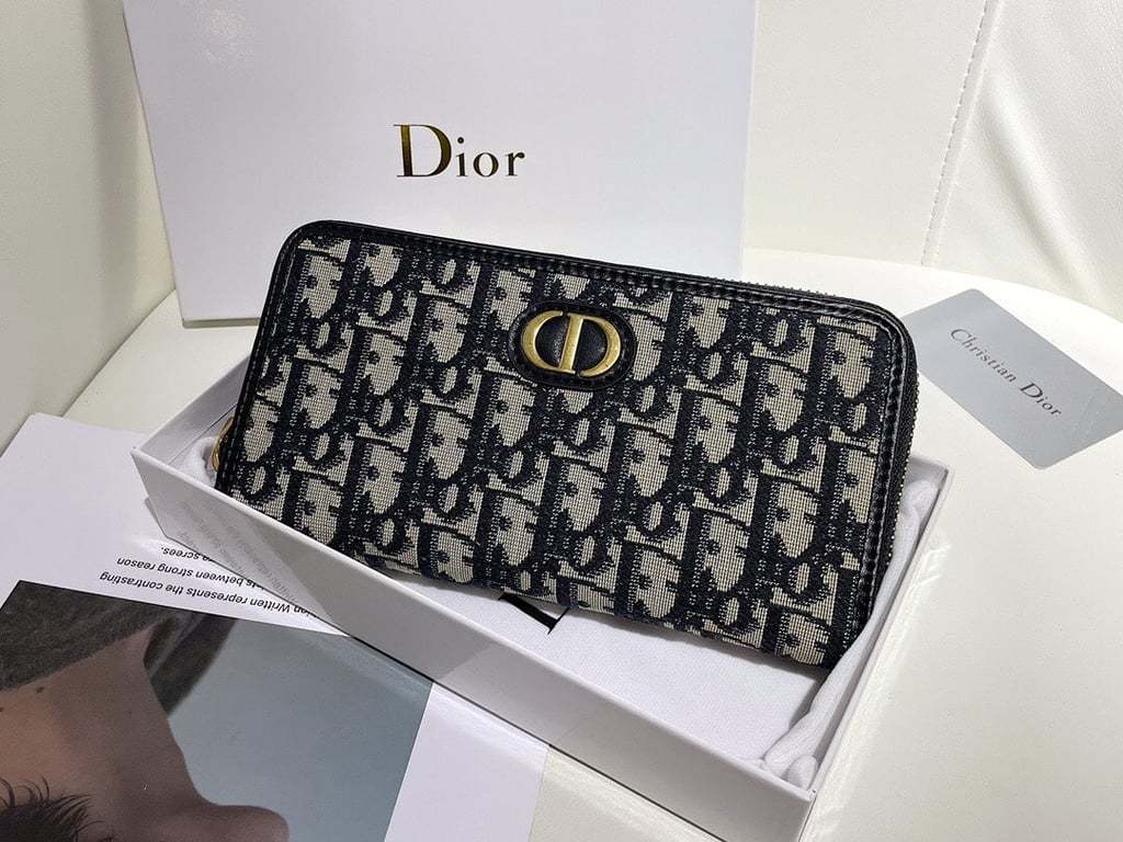dir LONG WALLET OBLIQUE JACQUARD BLACK AND BEIGE 19.5CM