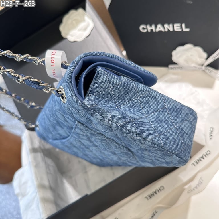 CHL DOUBLE FLAP BAG FLOWER DENIM BLUE 25CM