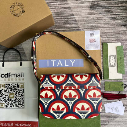 gg x Adidas Horsebit 1955 Shoulder Bag Blue/Red For Women, Women’s Bags 9.8in/25cm gg 602204 UVG0G 4168