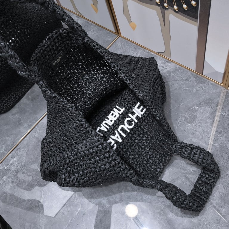 SAINT LAURENT BLACK TOTE RIVE GAUCHE RAFFIA CROCHET