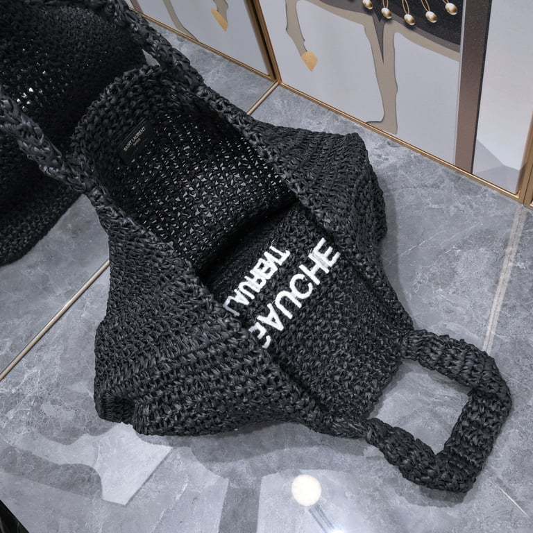 SAINT LAURENT BLACK TOTE RIVE GAUCHE RAFFIA CROCHET