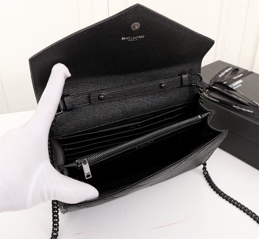 SAINT LAURENT CASSANDRE MATELASSE CHAIN WALLET IN GRAIN DE POUDRE EMBOSSED BLACK NOIR 22CM