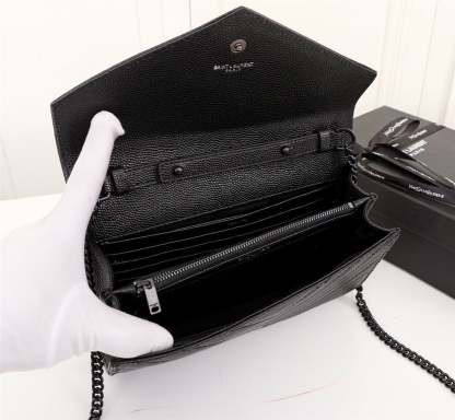 SAINT LAURENT CASSANDRE MATELASSE CHAIN WALLET IN GRAIN DE POUDRE EMBOSSED BLACK NOIR 22CM