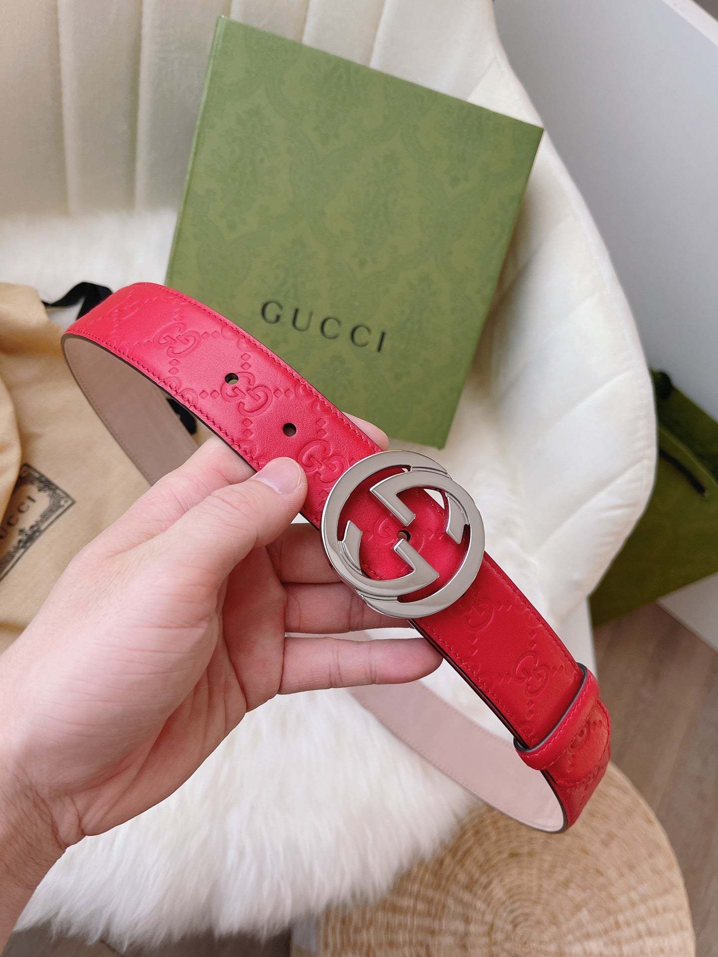 GG CALFSKIN MONOGRAM RED BELT SILVER METAL 3.5CM