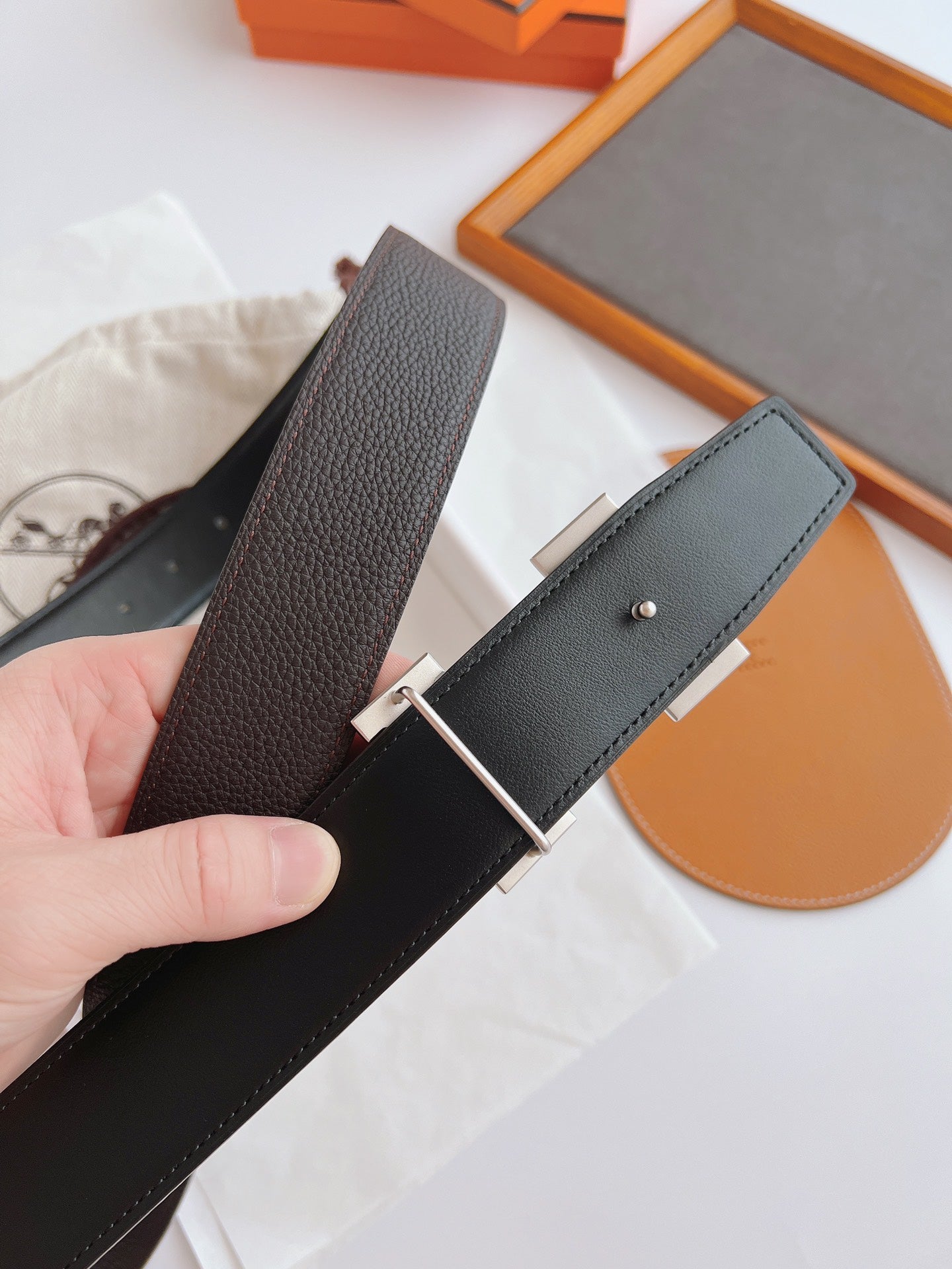 HM BELT TOGO SWIFT SILVER BUCKLE BROWN 38MM
