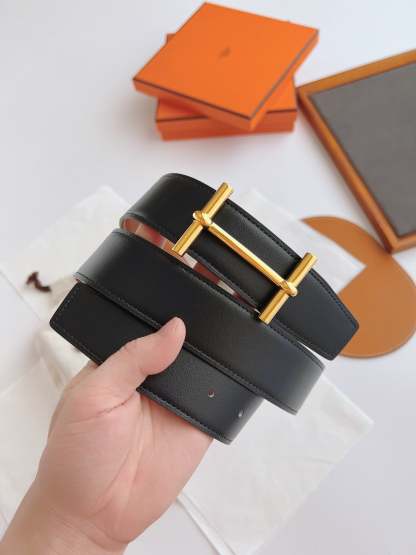 HM LEATHER BELT GOLD BUCKLE BLACK 38MM
