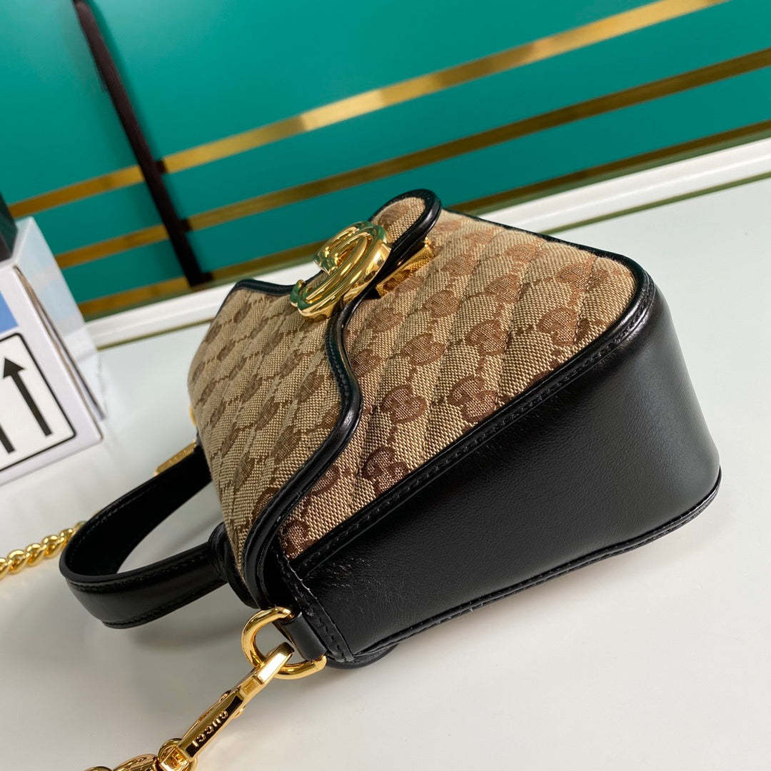 gg Ladies gg Canvas Marmont Mini Top Handle Bag Beige/Ebony Diagonal Matelassé Original gg Canvas 8.3in/21cm gg 583571 HVKEG 9772