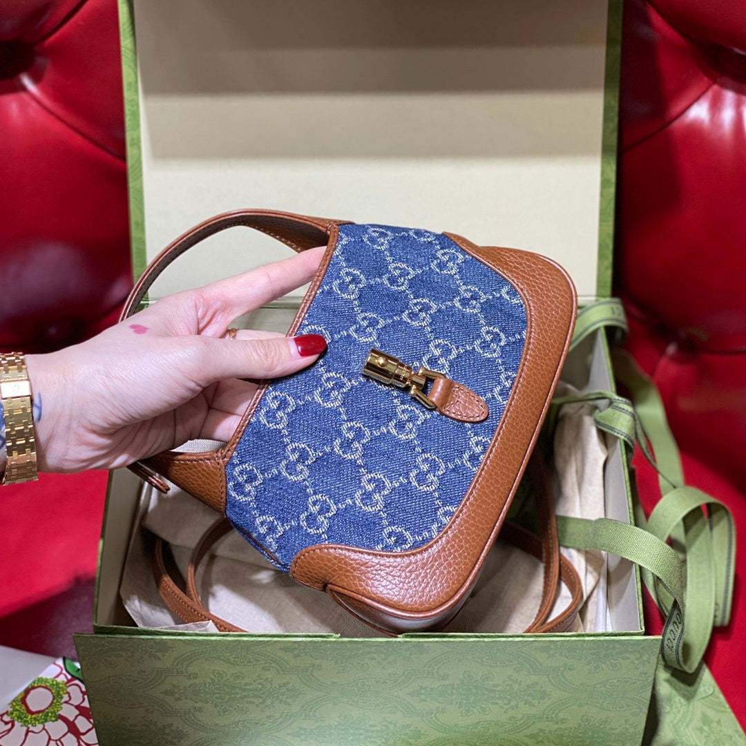 gg Jackie 1961 Mini Shoulder Bag Dark Blue And Ivory Eco Washed Organic gg Jacquard Denim For Women 7.5in/19cm gg 637092 2KQgg 8375