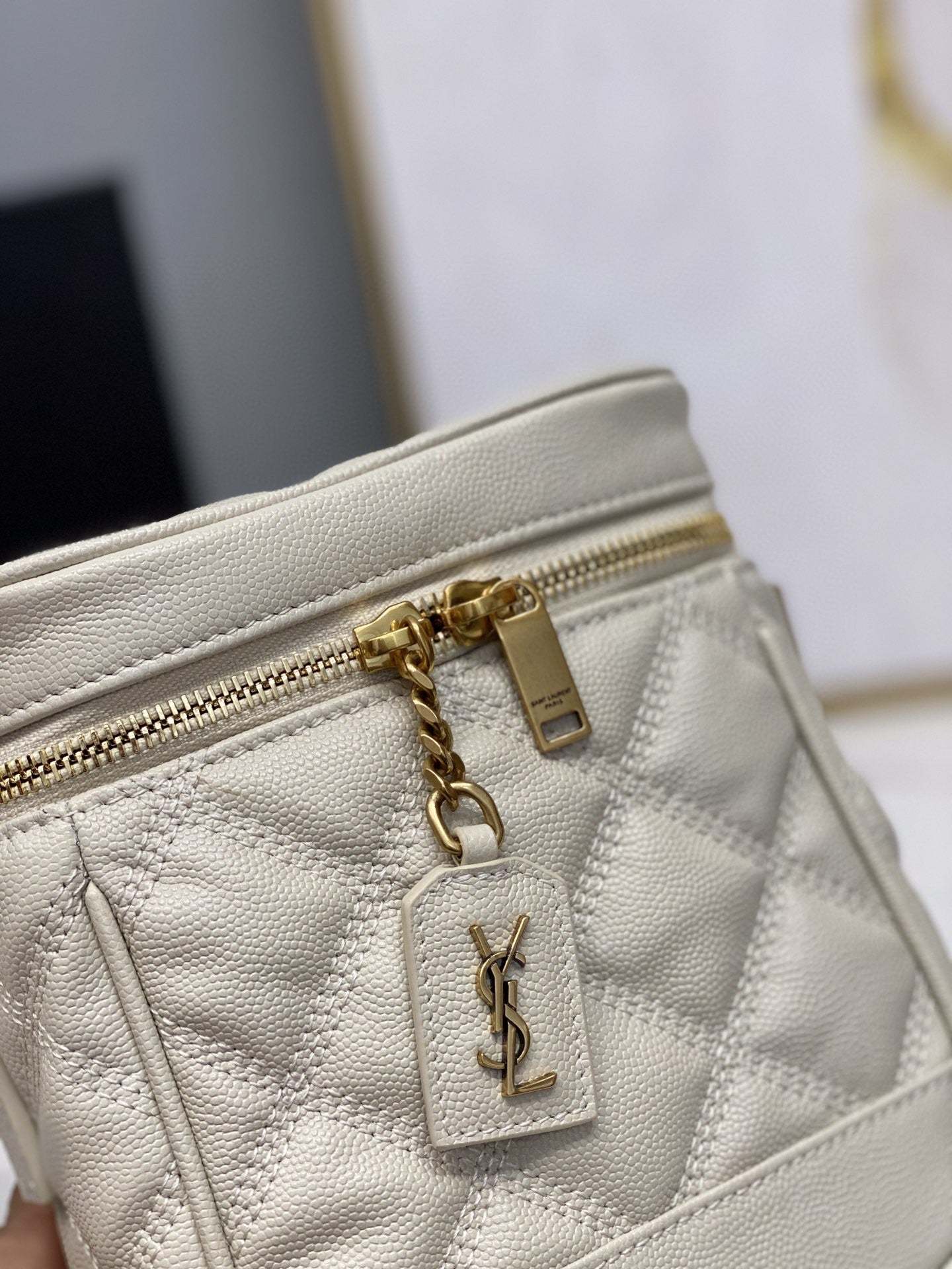 YSSL 80’s Vanity Bag In Carré-Quilted Grain De Poudre White For Women 6.4in/16.5cm YSL 649779DME279207