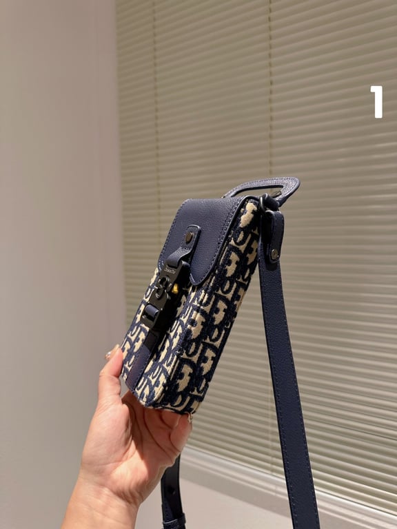 DIR SADDLE VERTICAL POUCH WITH STRAP OBLIQUE JACQUARD AND DARK BLUE GRAINED CALFSKIN 11CM HIGH QUALITY